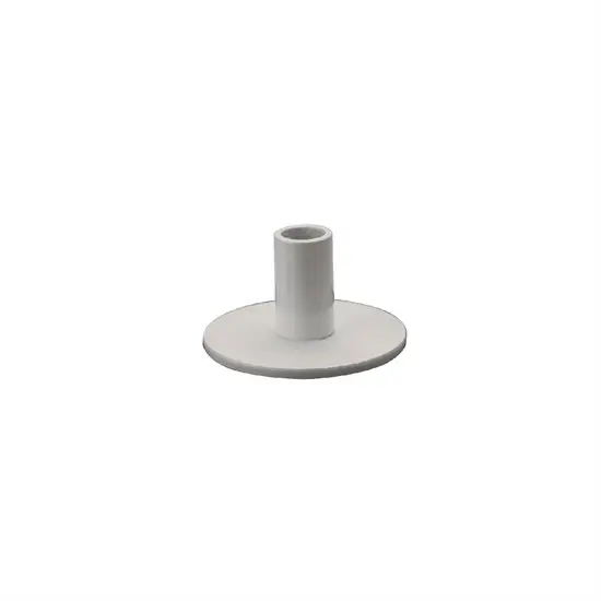 Hvid, minimalistisk lysholder med cylindrisk stearinlysholder på en flad, cirkulær base.