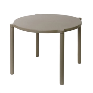 Rundt bord med fire ben i taupe. Enkel, glat overflade med let afrundede kanter.