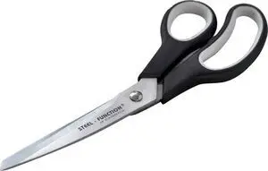 Køkkensaks fra Steel Function, 24,5 cm, med sorte håndtag og sølvklinger, mærket "STEEL FUNCTION".