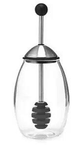 Glas honningkrukke med rustfrit stållåg og spredere, kapacitet 350 ml, rund form.