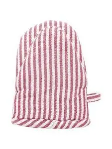 Rød og hvidstribet grillhandske med håndform og ophængsloop, måler 15x19 cm.