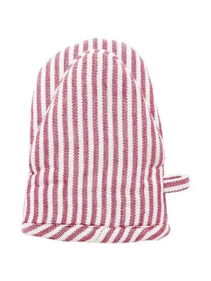Rød og hvidstribet grillhandske med håndform og ophængsloop, måler 15x19 cm.