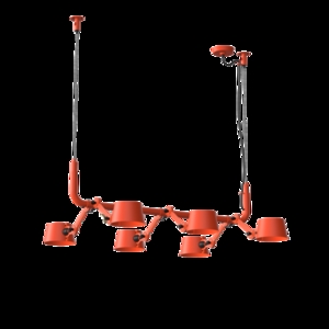 Pendellampe i skarp orange med seks lamper på række, moderne design og justerbare arme.