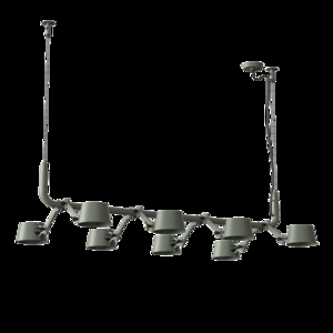 Otte pendler i flux grøn, arrangeret lineært. Designet er moderne og minimalistisk.