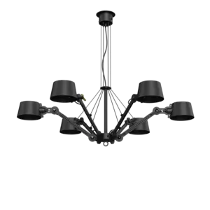 Lysekrone med seks arme og lampeskærme i smokey black, symmetrisk og moderne design.