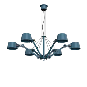 Tonone BOLT lysekrone med seks arme og lampeskærme i thunder blue. Central samling og loftbeslag.