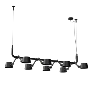 Pendellampe med otte sorte lampeskærme i en lineær opsætning, farven er røgsort.