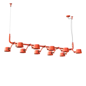 Tonone BOLT pendler i slående orange, konisk form, arrangeret i en linje.