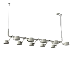 Moderne pendellampe med 10 askegraue lamper, ophængt lineært fra loftet med to stænger.