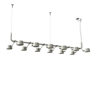 Pendellampe med 12 askegule skærme i linje, hver på justerbar arm.