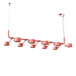 Moderne lysekrone med ti ensartede pendellamper i lys rosa farve, hængende i en række.