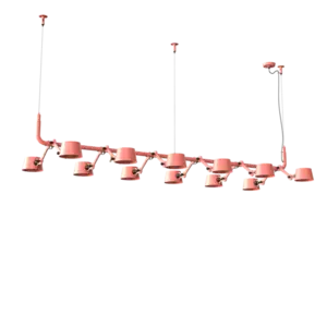 Rosa pendellamper med justerbare arme, lineært arrangeret, med loftmonteringsbeslag.