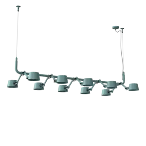 Loftlampe med ti isblå vedhæng i en lineær opstilling.