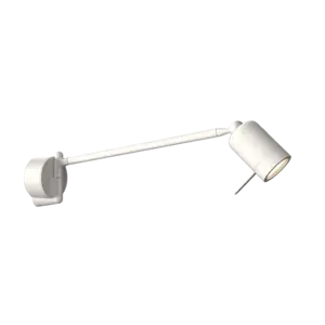 Vægmonteret lampe med hvid cylindrisk skærm og justerbar arm i minimalistisk design.