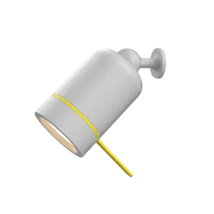 Moderne, cylindrisk lampe med mat overflade og gul ledning rundt om den.