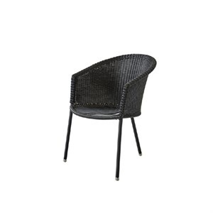 Udendørs stol med moderne design, rund ryg og tre ben. Mørk farve, ideel til terrassen.
