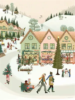 Vinterlandsby med sneklædte huse, folk og et juletræ. Festlig stemning og varm farvepalet.