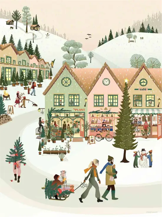 Vinterlandsby med sneklædte huse, folk og et juletræ. Festlig stemning og varm farvepalet.