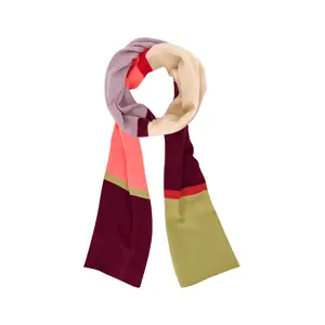 Tørklæde med flerfarvet design i lilla, pink, rød, beige og grøn, blødt stof, løst draperet.