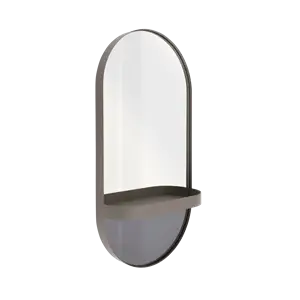 Oval spejl med taupe ramme og hylde, der adskiller klart og farvet spejlglas.