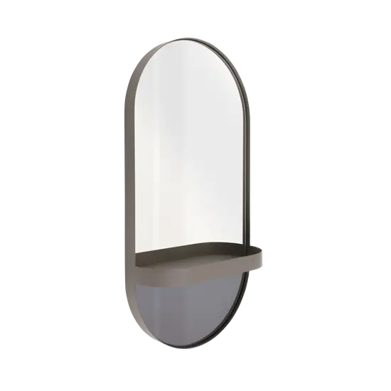 Oval spejl med taupe ramme og hylde, der adskiller klart og farvet spejlglas.